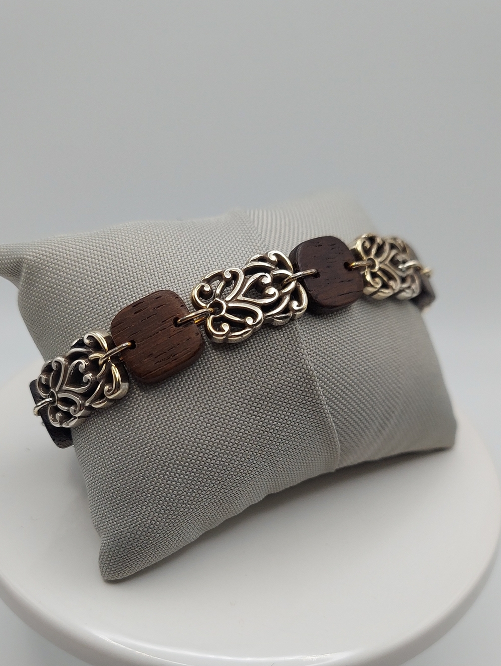 Brighton Wood & Silver Filigree Link, Vtg Bracelet, sz 7.5-8".